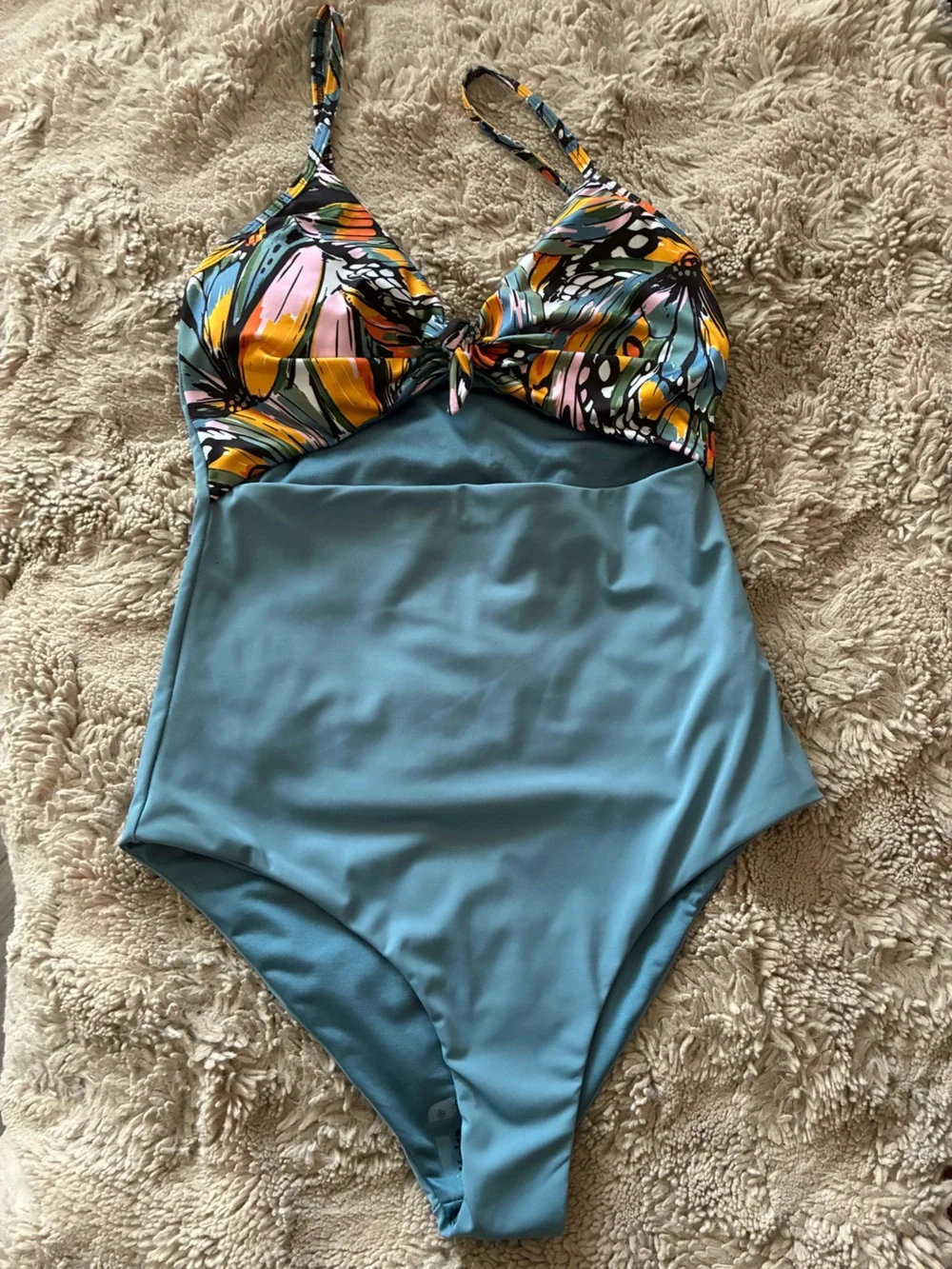 Shasa Teal one piece swimsuit with Multicolor Floral Tie (butterfly appeal). New